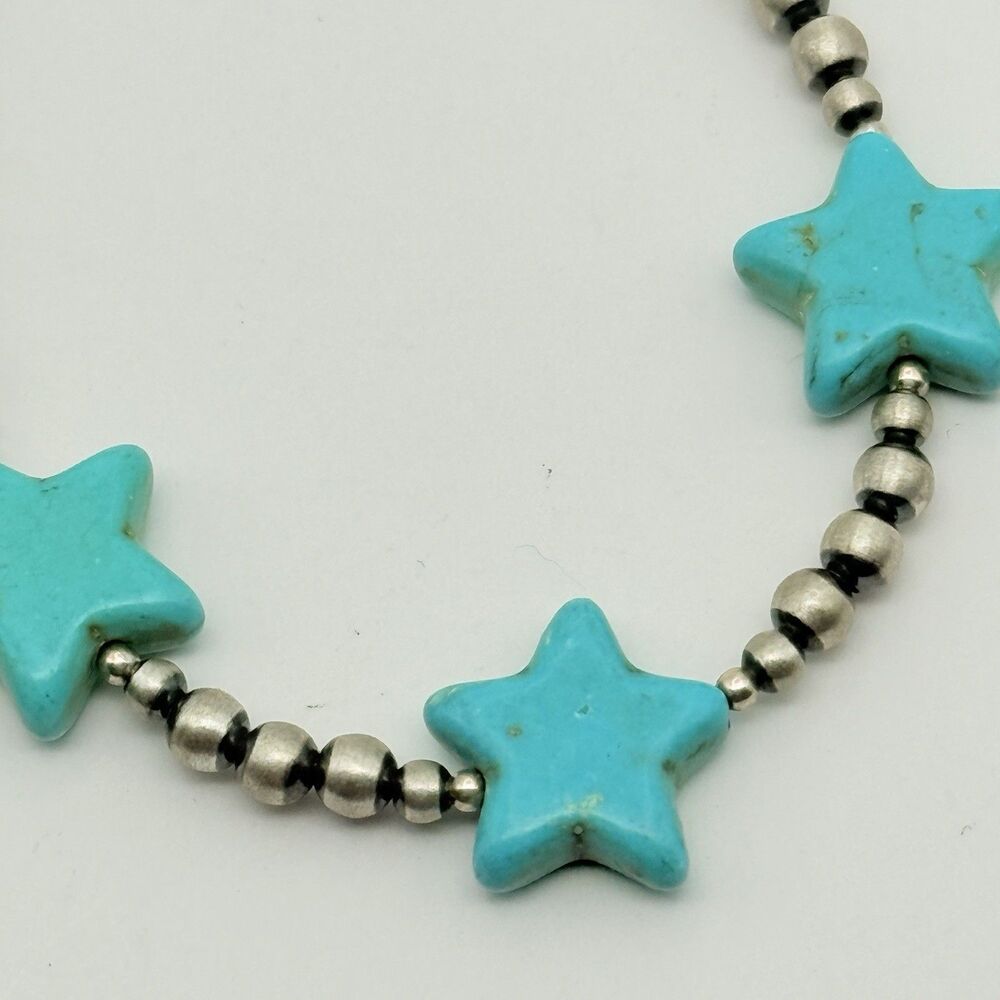 Sterling Silver Beaded Bracelet With Turquoise Stars 7” With 1” Extender - Picture 2 of 7